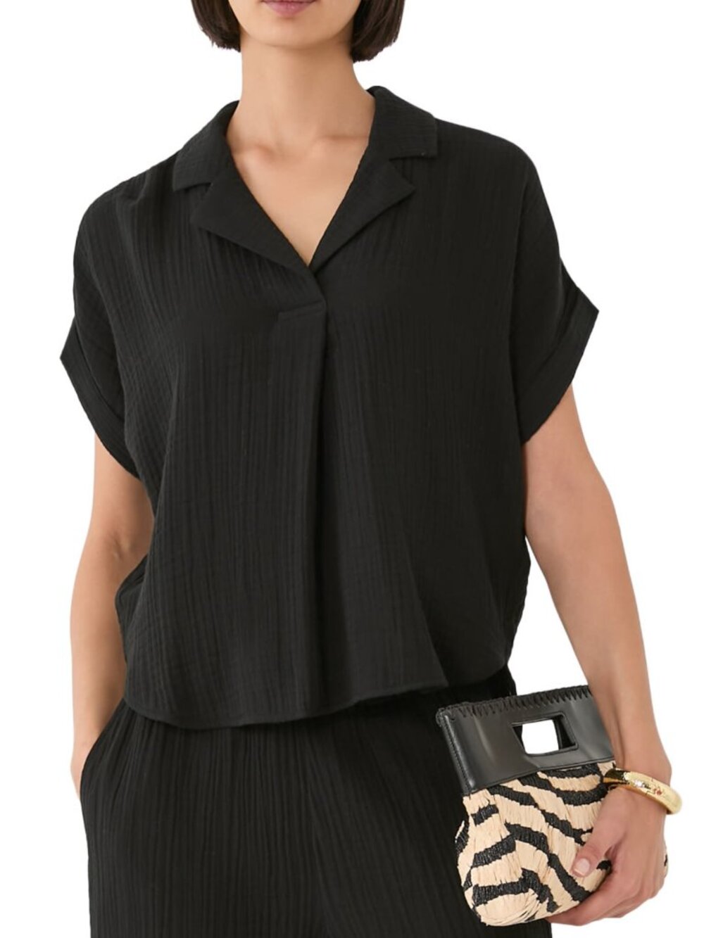 Eileen Fisher Organic Cotton Lofty Gauze Notch Collar Top M $138
